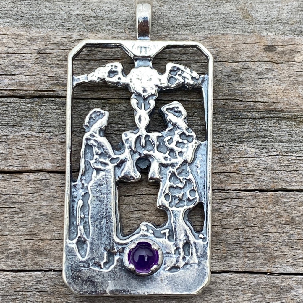 Two Of Cups Tarot Card Pendant .925 Sterling Silver W/ Genuine Amethyst Usa Love